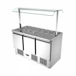 SS304 3 Doors Static Cooling   Salad Work Bench With Light on the Worktop Glass Cover